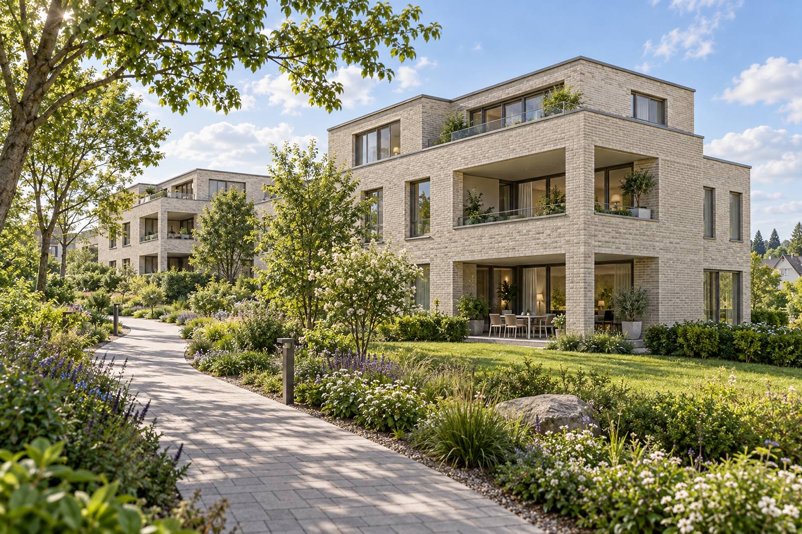 Visualisierung: ein Haus mit Klinkerfassade und Gartensitzplatz, davor ein Weg durch Stauden