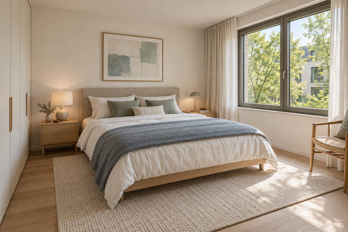 Visualisierung Schlafzimmer: Bett mit Leinenbezug, Eichenparkett, bodentiefes Fenster mit Blick ins Grün